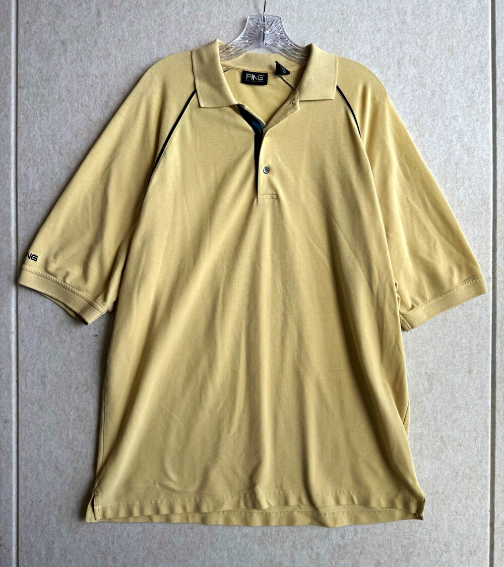 PING Collection Mens L Golf Polo Shirt Yellow Navy Piping Short Sleeve Stretch